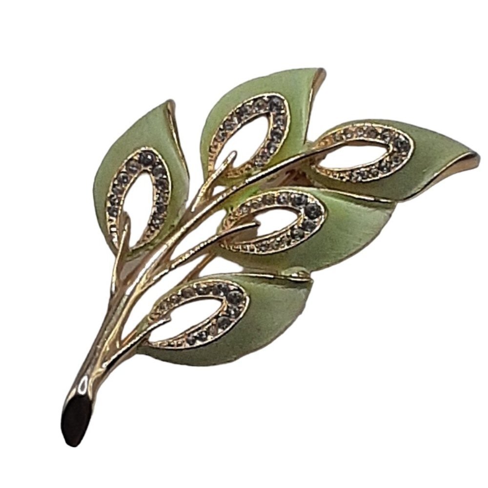 Vintage Rhinestone Leaf Stem Brooch Pearlized Green Sheen Enamel Mid Century